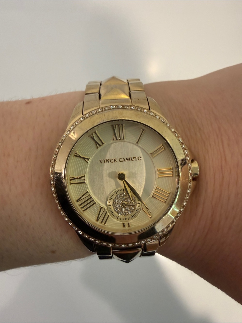 Vince Camuto Yellow Gold-tone Crystal-Trim Round Dial Watch